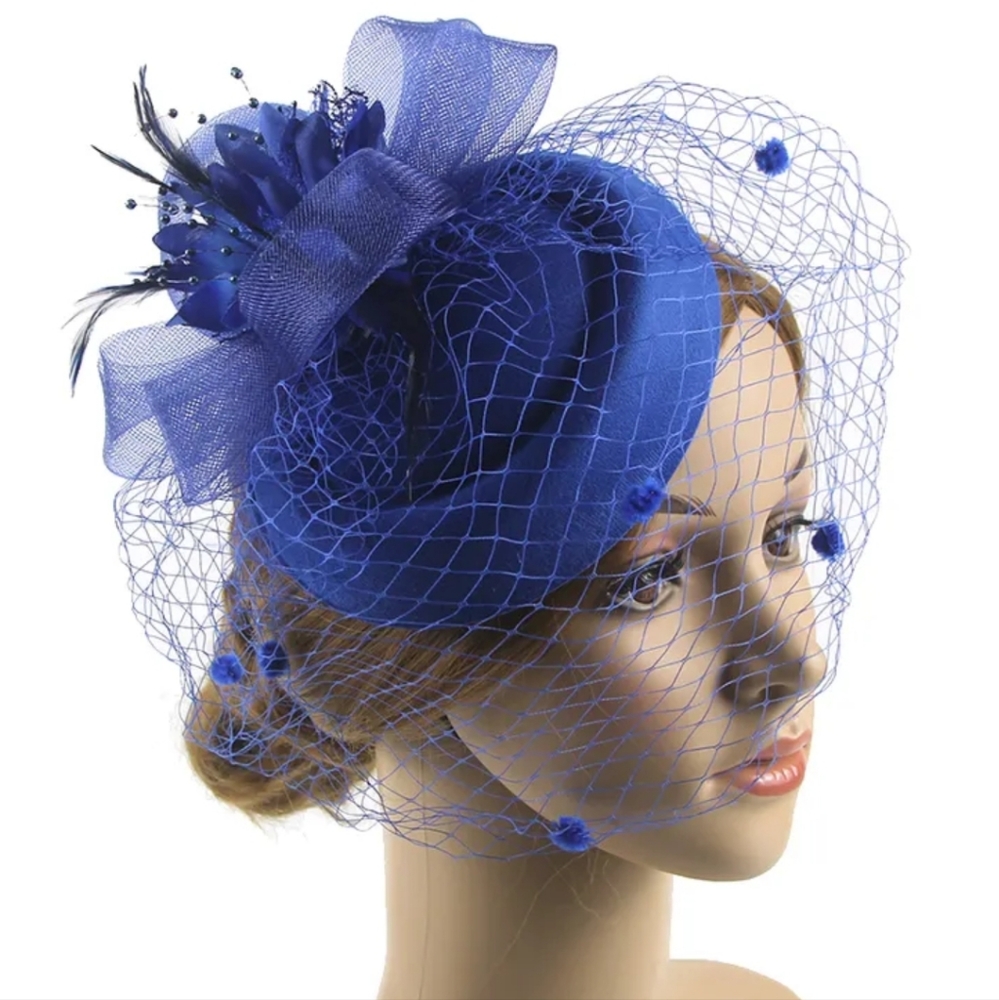 Elegant Royal Pillbox Lace Dotted Navy Veil Hat Fascinator by Beloved Mi…